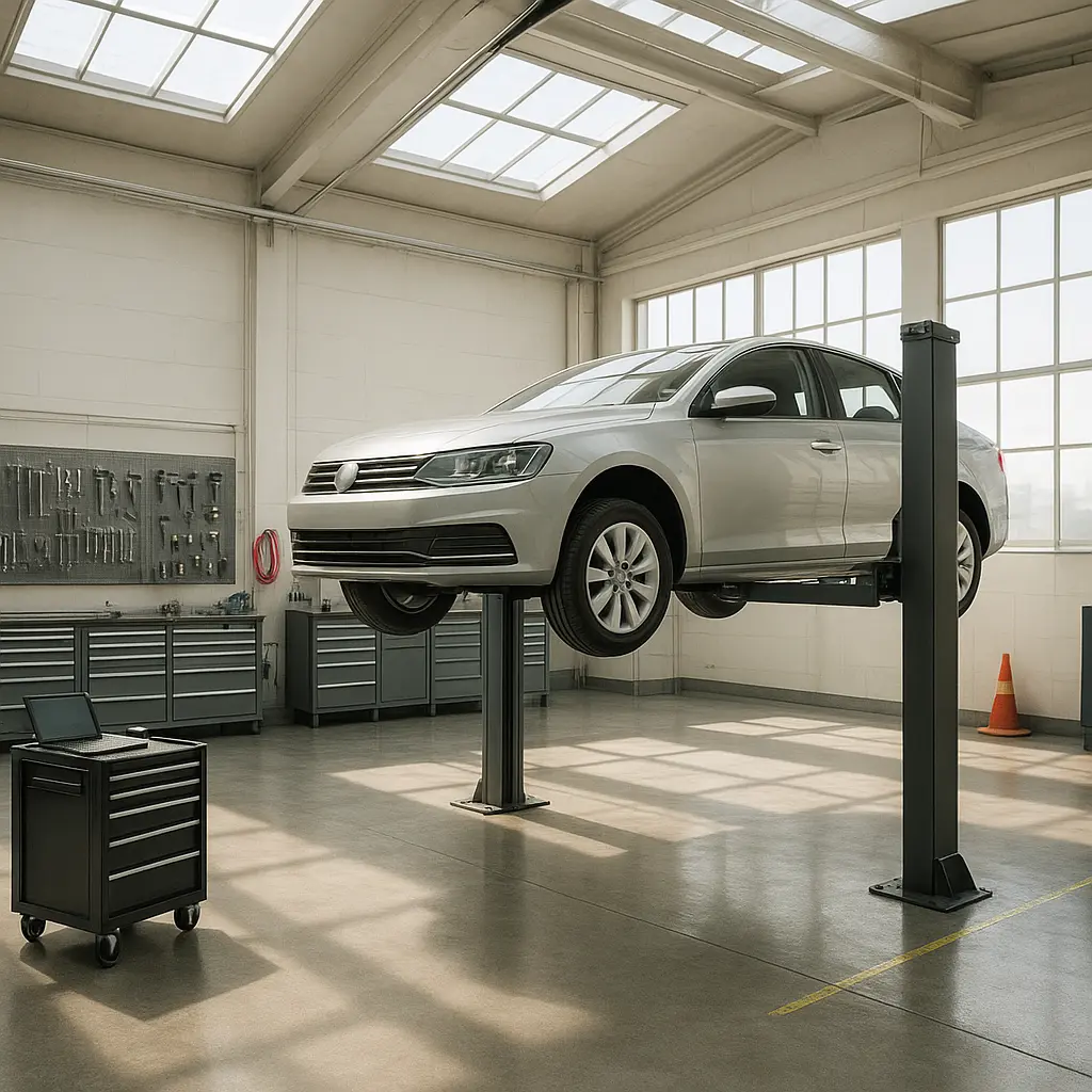 Helle und moderne Werkstatt in Zürich mit Fahrzeug auf Hebebühne